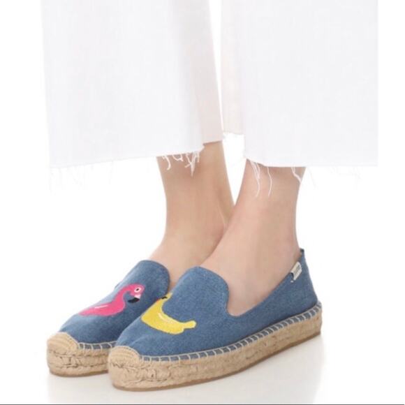 Mary Matson × Soludos Denim Embroidered Flamingo Duck Espadrilles Size 8 - Picture 1 of 10